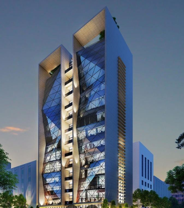 A render of three white cylindrical columns, against a warm creme background
